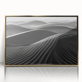 Framed acrylic wall art featuring a stunning desert dunes landscape design with gold accents, showcasing a serene and modern aesthetic ideal for home decor.