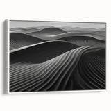 Framed canvas wall art showcasing a serene desert landscape with dunes, featuring soft beige and warm brown tones, ideal for modern home decor.