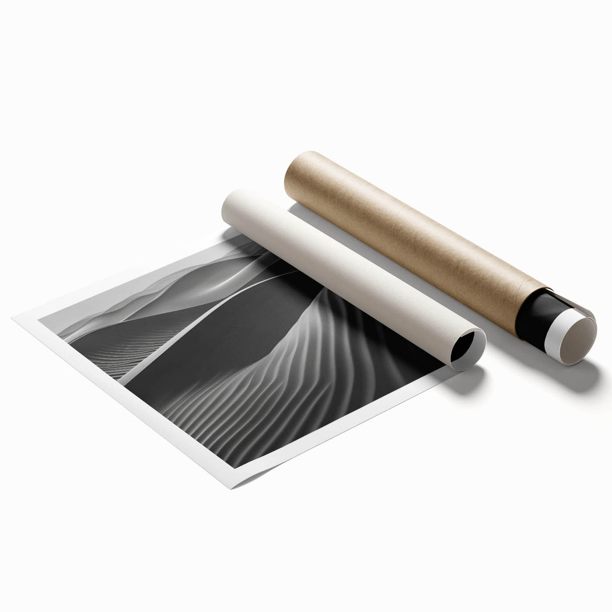 Desert landscape wall art print showcasing vibrant dunes in warm hues, elegantly rolled for easy display and shipped in a protective cardboard tube. Perfect for home decor enthusiasts.