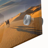 Close-up of an acrylic glass wall art piece showcasing a vibrant desert dune landscape, featuring rich warm tones and intricate textures, perfect for home decor.