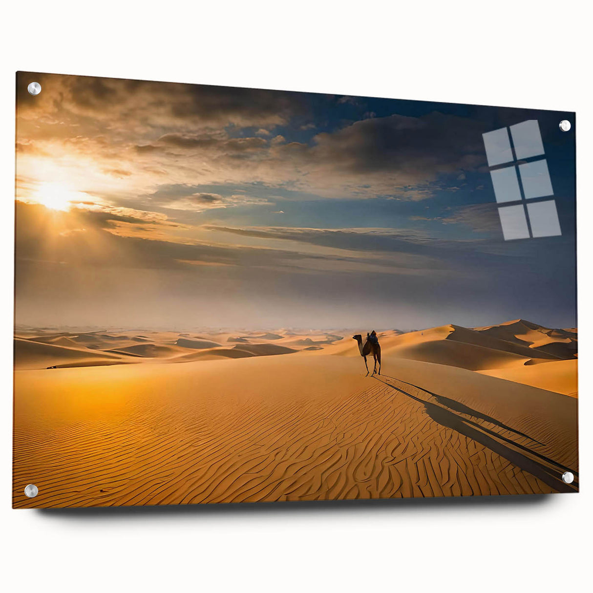 Acrylic glass wall art featuring a stunning desert dunes landscape, showcasing vibrant colors and intricate details, displayed with pins for a modern touch.