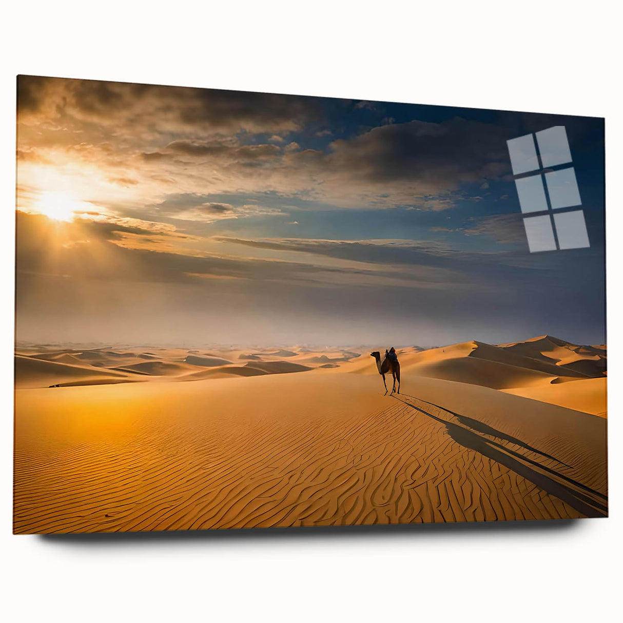 Acrylic glass wall art collection showcasing a stunning landscape of desert dunes, highlighting soft golden hues and intricate textures, perfect for modern home decor.