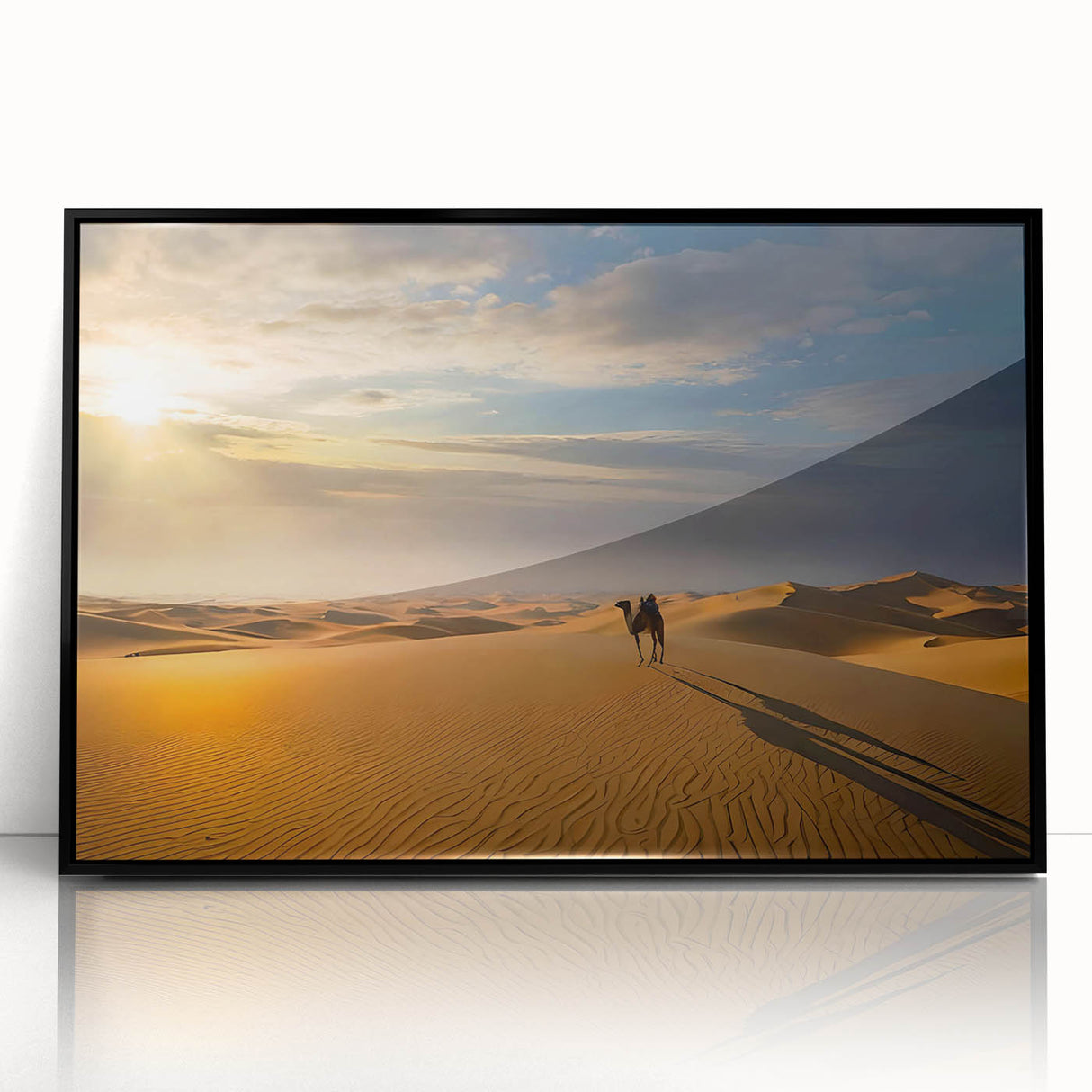 Framed acrylic wall art featuring a stunning desert landscape with golden sand dunes, elegantly displayed in a sleek black frame, ideal for modern home decor.