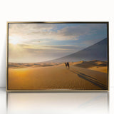 Framed wall art featuring a stunning desert landscape with golden dunes, enhancing modern decor with its vibrant colors and sleek acrylic finish. Perfect for adding a touch of elegance to any room.
