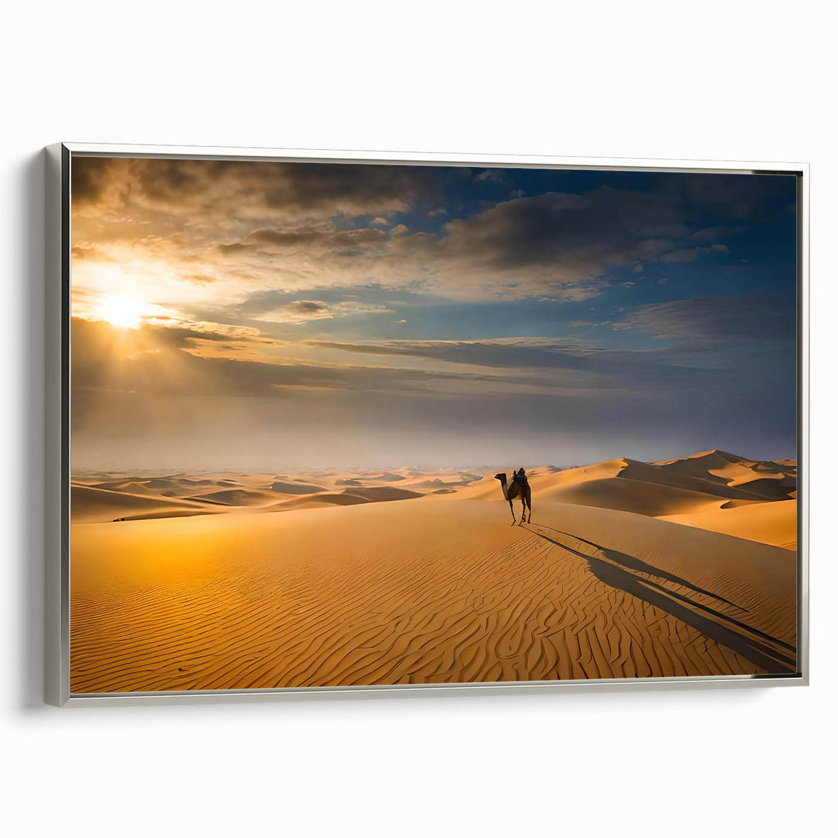 Framed canvas wall art featuring serene desert dunes in neutral tones, elegantly displayed with a silver frame, perfect for enhancing modern interior decor.