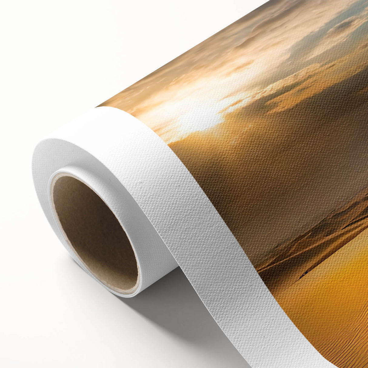 Rolled canvas displaying a vibrant abstract landscape of golden sand dunes under a clear blue sky, ideal for modern home decor and art enthusiasts.