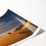 Desert landscape wall art print showcasing soft, undulating sand dunes in warm beige and golden tones, rolled and ready for display. Perfect for modern home decor.