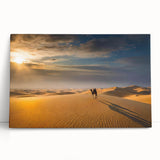 Stretched canvas artwork showcasing a serene desert landscape with soft, golden sand dunes under a clear blue sky, perfect for modern home decor.