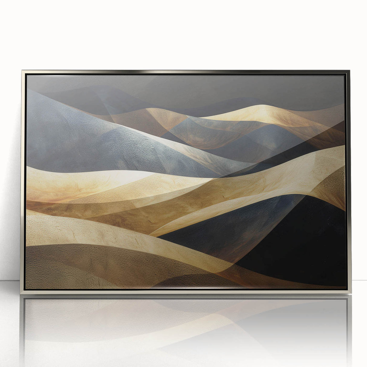 Framed acrylic wall art showcasing a serene desert landscape with rolling sand dunes, highlighted by soft golden hues and a sleek silver frame, ideal for modern decor.