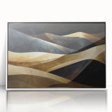 Framed acrylic wall art depicting a serene desert landscape with soft dunes, featuring a white frame, ideal for modern home decor and art enthusiasts.