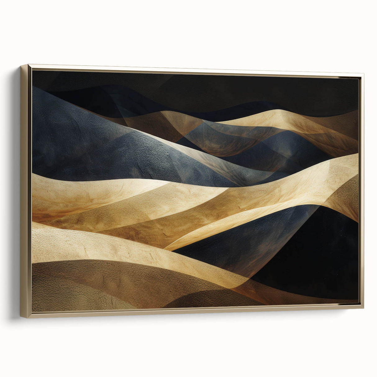Framed canvas wall art showcasing a serene desert dune landscape in warm gold tones, elegantly displayed from a side view, ideal for modern home decor.