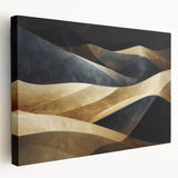 Stretched canvas wall art showcasing a serene desert dune landscape in warm tones, framed for easy hanging, perfect for enhancing home decor.