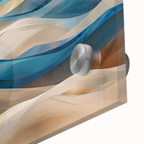 Close-up of an acrylic glass wall art piece showcasing a vibrant desert dune landscape with rich colors and intricate textures, perfect for modern home decor.