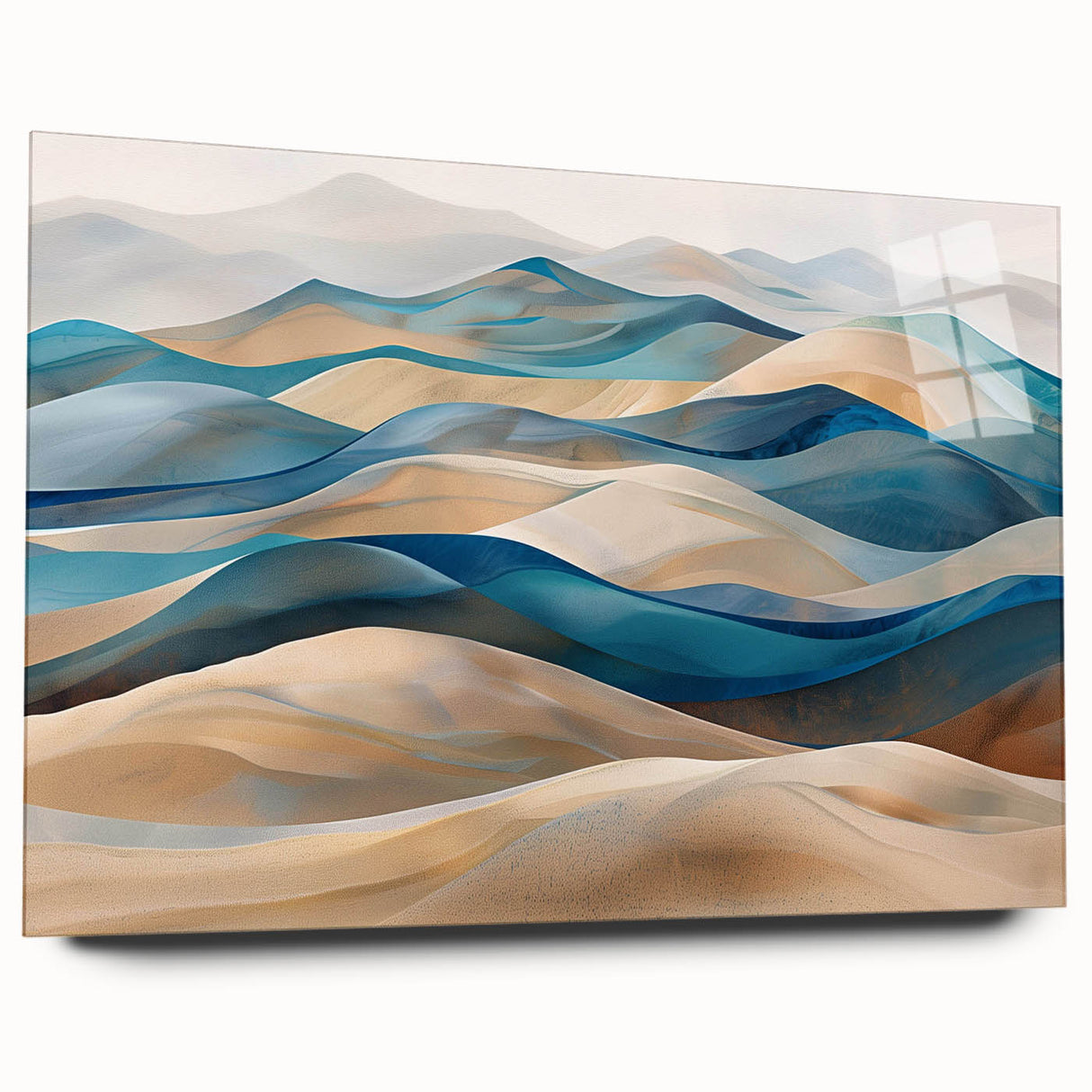 Acrylic glass wall art featuring a serene landscape of rolling sand dunes, showcasing warm beige and golden tones, perfect for modern home decor and enhancing interior aesthetics.