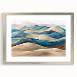 Framed wall art depicting serene desert dunes in soft beige and gold tones, featuring a stylish silver mat and frame, perfect for modern home decor.