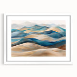 Framed wall art featuring a serene desert landscape with flowing dunes, showcased in a white mat and frame, perfect for home decor enhancement.