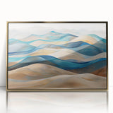 Framed acrylic wall art showcasing a stunning desert dunes landscape with golden hues, designed to enhance modern interiors with a touch of nature.