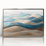 Framed acrylic wall art showcasing a serene desert dune landscape in silver tones, perfect for modern home decor. Ideal for enhancing living spaces with elegance.