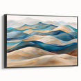 Framed canvas wall art featuring an abstract desert dunes design in earthy tones, showcasing a black frame and side view, perfect for modern decor.