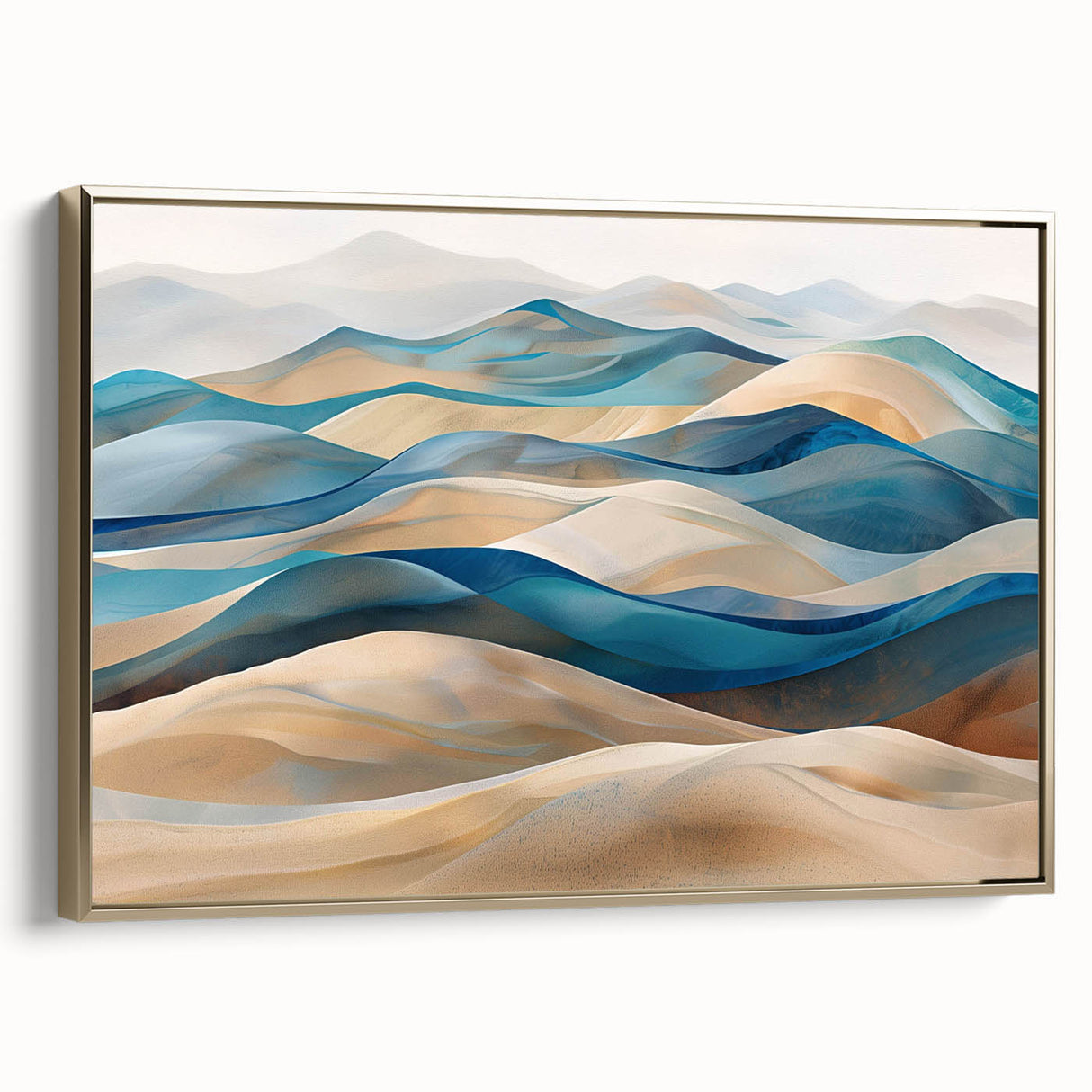 Framed wall art collection showcasing a serene desert landscape with golden dunes, featuring a side view that highlights its elegant design and vibrant colors. Perfect for enhancing modern home decor.