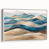 Framed wall art showcasing a serene desert landscape with golden dunes under a blue sky, ideal for modern home decor. Elevate your space with this elegant canvas piece.