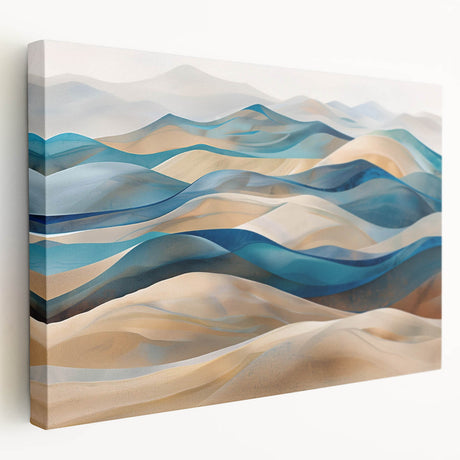 Stretched canvas wall art showcasing a vibrant desert dune landscape with warm tones of orange and yellow, ideal for home decor in living spaces.