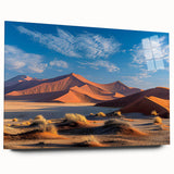 Acrylic glass wall art showcasing a stunning desert landscape with dunes and vibrant colors, elegantly displayed in a side view, ideal for modern home decor.
