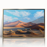 Framed acrylic wall art depicting serene desert dunes in gold tones, showcasing intricate textures and patterns, perfect for modern home decor.