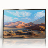 Framed acrylic wall art featuring a serene desert landscape with golden dunes, ideal for modern decor. Perfect for enhancing living spaces and creating a calm atmosphere.