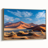 Framed wall art featuring a serene desert landscape with golden sand dunes, designed for home decor, showcasing warm tones and a modern aesthetic. Perfect for enhancing living spaces with a touch of nature-inspired elegance.