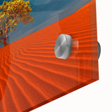 Close-up of a vibrant acrylic glass artwork depicting abstract desert dunes, showcasing rich colors and intricate textures, perfect for modern home decor.