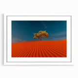 Framed wall art design showcasing serene sand dunes in warm tones, featuring a white mat and sleek frame, perfect for enhancing modern decor.