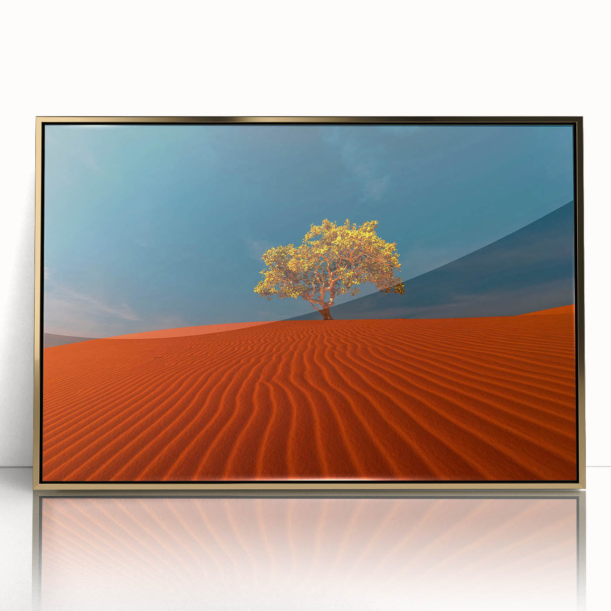 Framed acrylic wall art showcasing a stunning desert dune landscape in golden hues, perfect for enhancing modern home decor with a touch of elegance.
