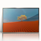 Framed acrylic wall art showcasing a serene desert landscape with golden sand dunes, designed to enhance modern interiors with a touch of elegance and tranquility.