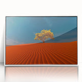 Framed acrylic wall art showcasing a serene dune landscape in neutral tones, perfect for home decor, enhancing modern living spaces with its tranquil vibe.