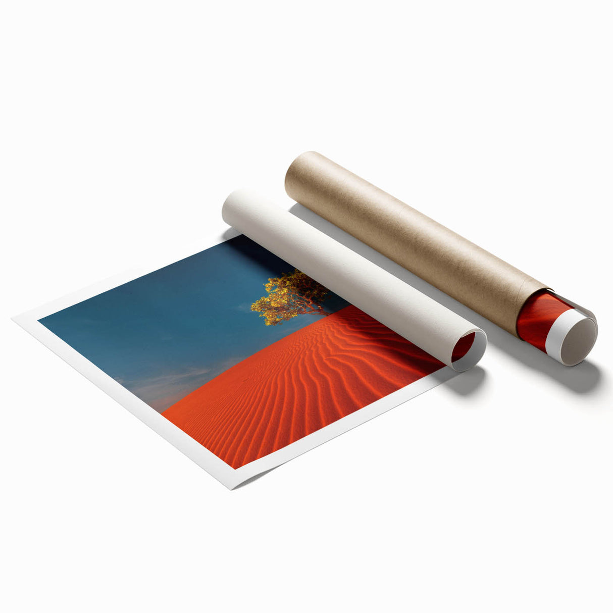 Abstract desert landscape wall art print showcasing flowing sand dunes in warm beige and golden hues, perfect for modern home decor. Rolled and ready for framing.