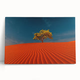 Stretched canvas artwork showcasing a tranquil desert landscape with golden dunes and a soft blue sky, perfect for enhancing modern home decor.