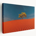 Stretched canvas wall art showcasing a serene desert landscape with golden dunes, perfect for adding warmth to modern interiors. The side view highlights its premium finish and vibrant colors.