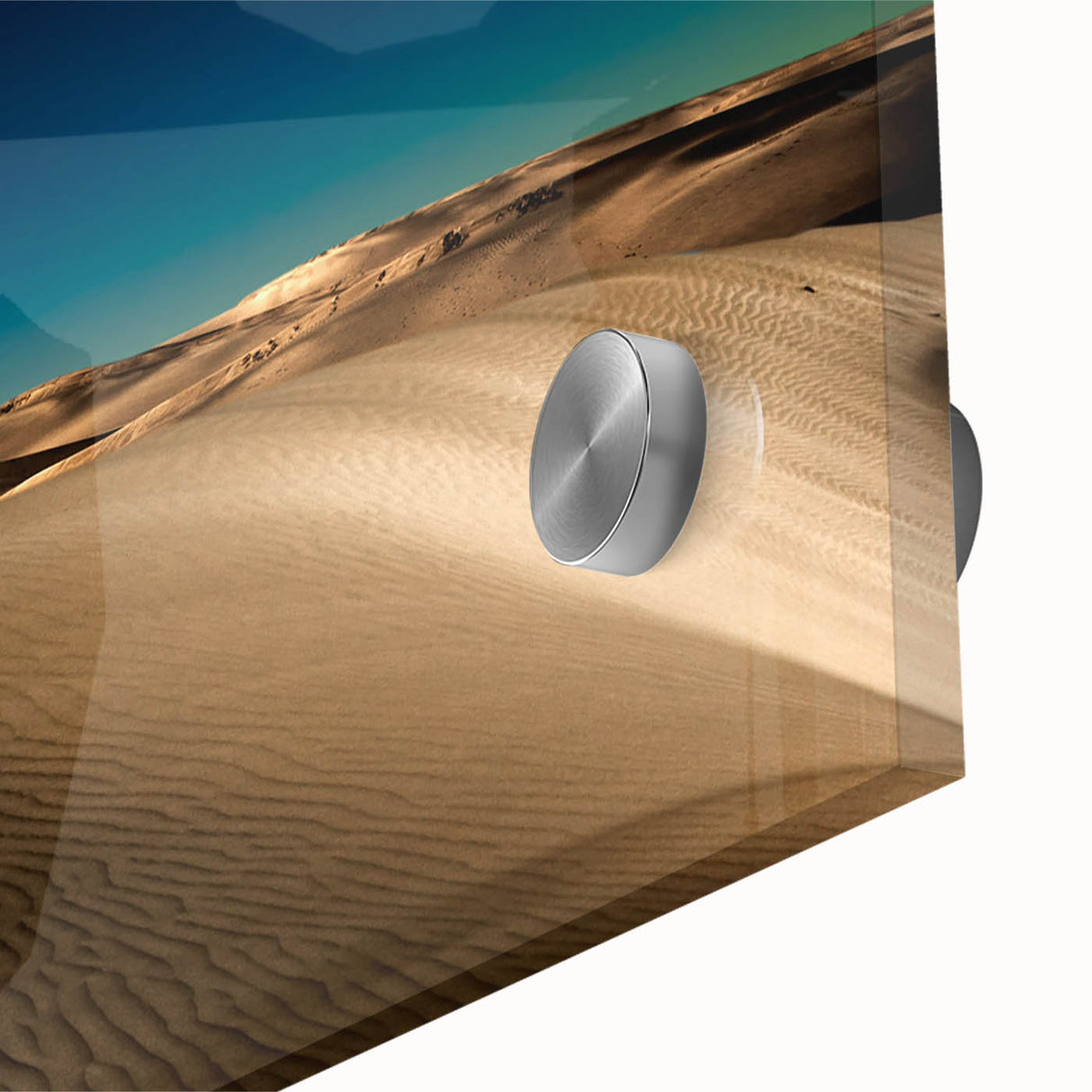 Close-up of a vibrant acrylic glass wall art piece showcasing a serene desert landscape with rolling dunes, enhanced colors, and intricate textures, perfect for home decor.