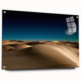 Acrylic glass wall art showcasing a stunning desert dune landscape in vibrant shades, presented from a side view with stylish pins for mounting, ideal for modern decor.