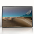 Framed acrylic wall art showcasing a serene desert dune landscape, featuring subtle gradients of sand and sky, presented in a sleek black frame for modern decor.