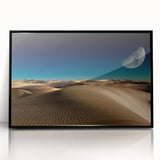 Framed acrylic wall art showcasing a serene desert dune landscape, featuring subtle gradients of sand and sky, presented in a sleek black frame for modern decor.