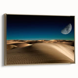 Framed canvas wall art displaying a serene desert landscape with golden dunes and soft lighting, perfect for enhancing home decor with a touch of elegance.