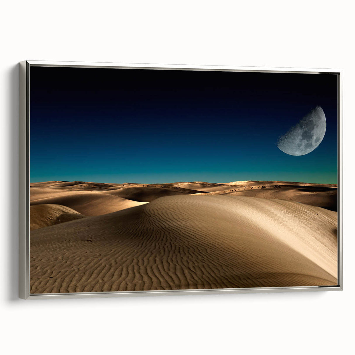 Framed canvas wall art showcasing a serene desert dune landscape in soft beige and gold tones, enhancing interior décor with modern elegance and tranquility.