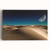 Stretched canvas wall art showcasing a serene desert dune landscape at sunset, featuring warm golden and orange hues, perfect for home decor.