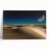 Stretched canvas wall art showcasing a serene desert landscape with golden dunes, emphasizing warm tones and soft shadows, perfect for modern decor.