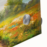 Close-up of an abstract acrylic glass wall art piece showcasing vibrant fields and landscapes, perfect for modern home decor, emphasizing nature's beauty and color contrast.