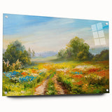 Acrylic glass artwork showcasing a vibrant landscape field design, displayed from the side with pin mounting, emphasizing the bright colors and intricate details. Perfect for modern home decor enthusiasts seeking unique wall art.