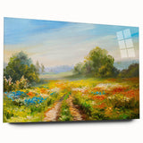 Acrylic wall art featuring a vibrant landscape design, showcasing fields in rich greens and golds, viewed from the side. Perfect for modern home decor.