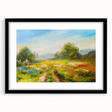 Framed wall art collection showcasing vibrant landscape fields in rich colors, set in a sleek black frame with a mat, designed to enhance home decor.